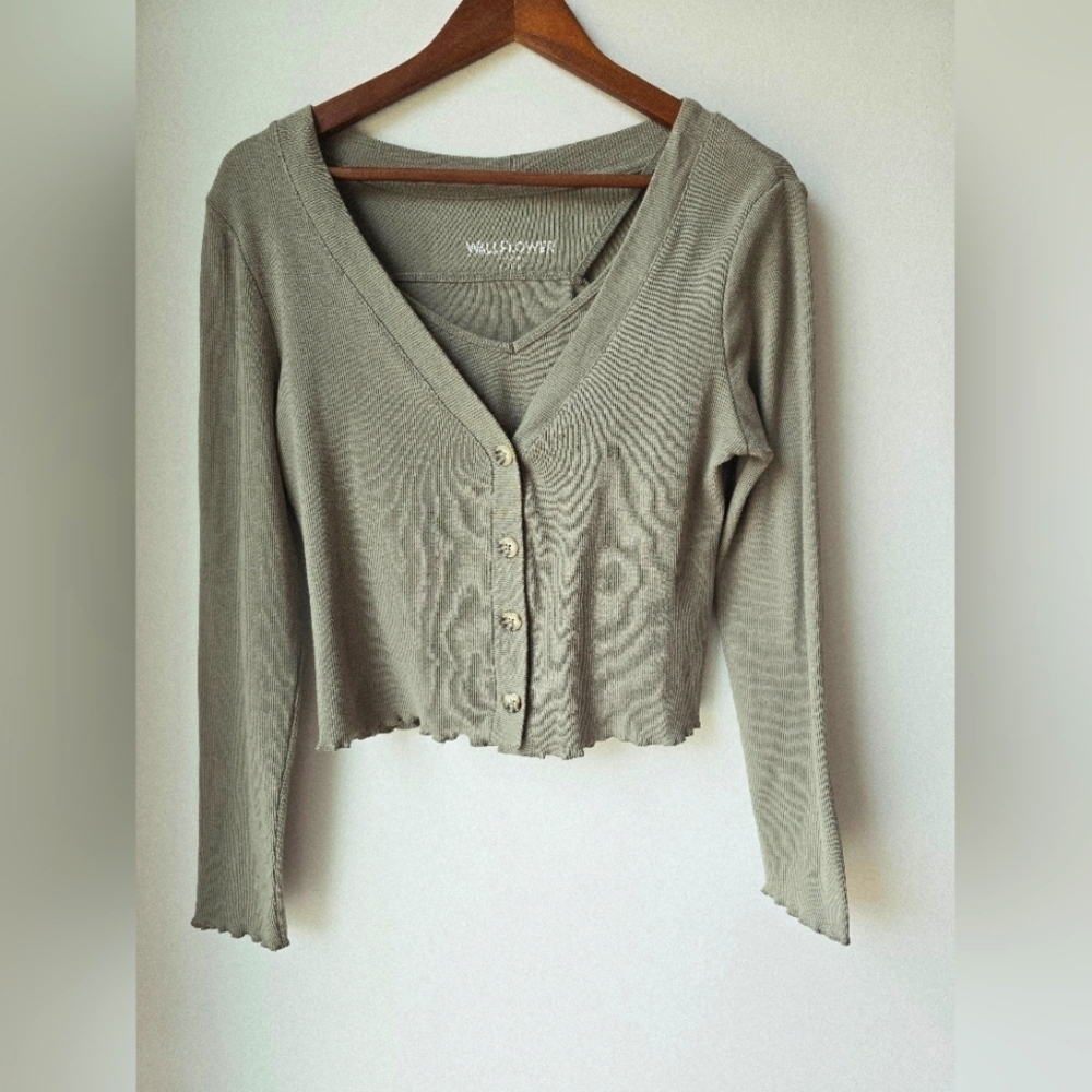 Wallflower Set Ribbed Button-Up Cardigan Spagetti Top Cotton Blend Croped Size L